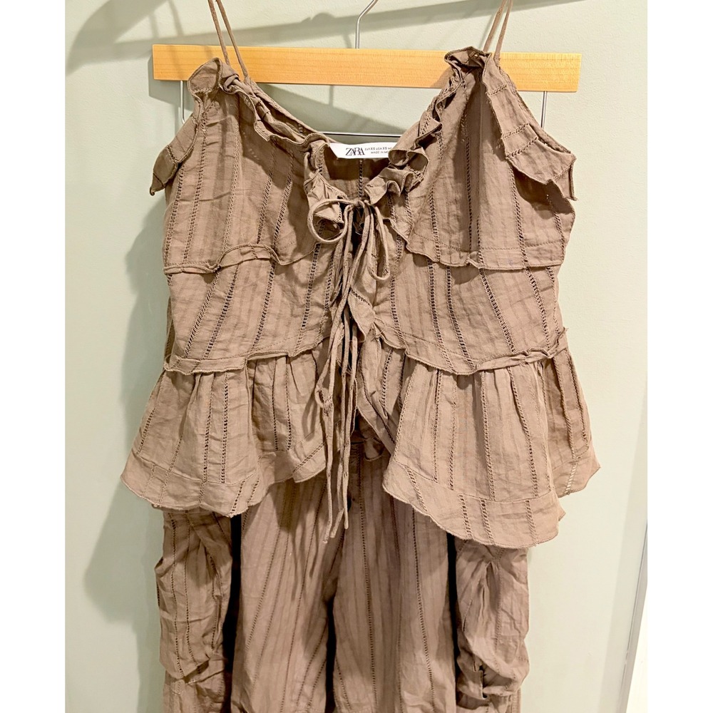 Zara Two Piece Set Ruffle Peplum‎ Cami Top Cargo Pants Taupe Brown XS - Picture 6 of 11
